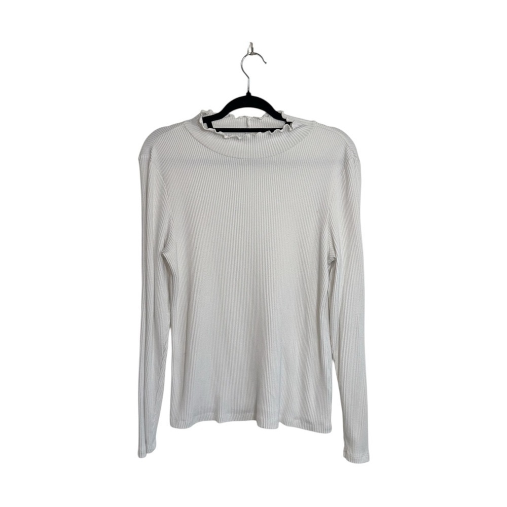 Maurices Ribbed Mock Neck Top Solid White Ruffle Fitted Neutral Large Women’s